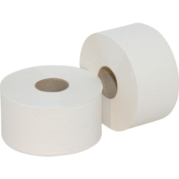 Papier toilette mini jumbo 180M prédécoupé, gaufré, collé blanc, 2 plis 1 colis de 12 Papier toilette mini jumbo 180M prédécoupé, gaufré, collé blanc, 2 plis 1 colis de 12